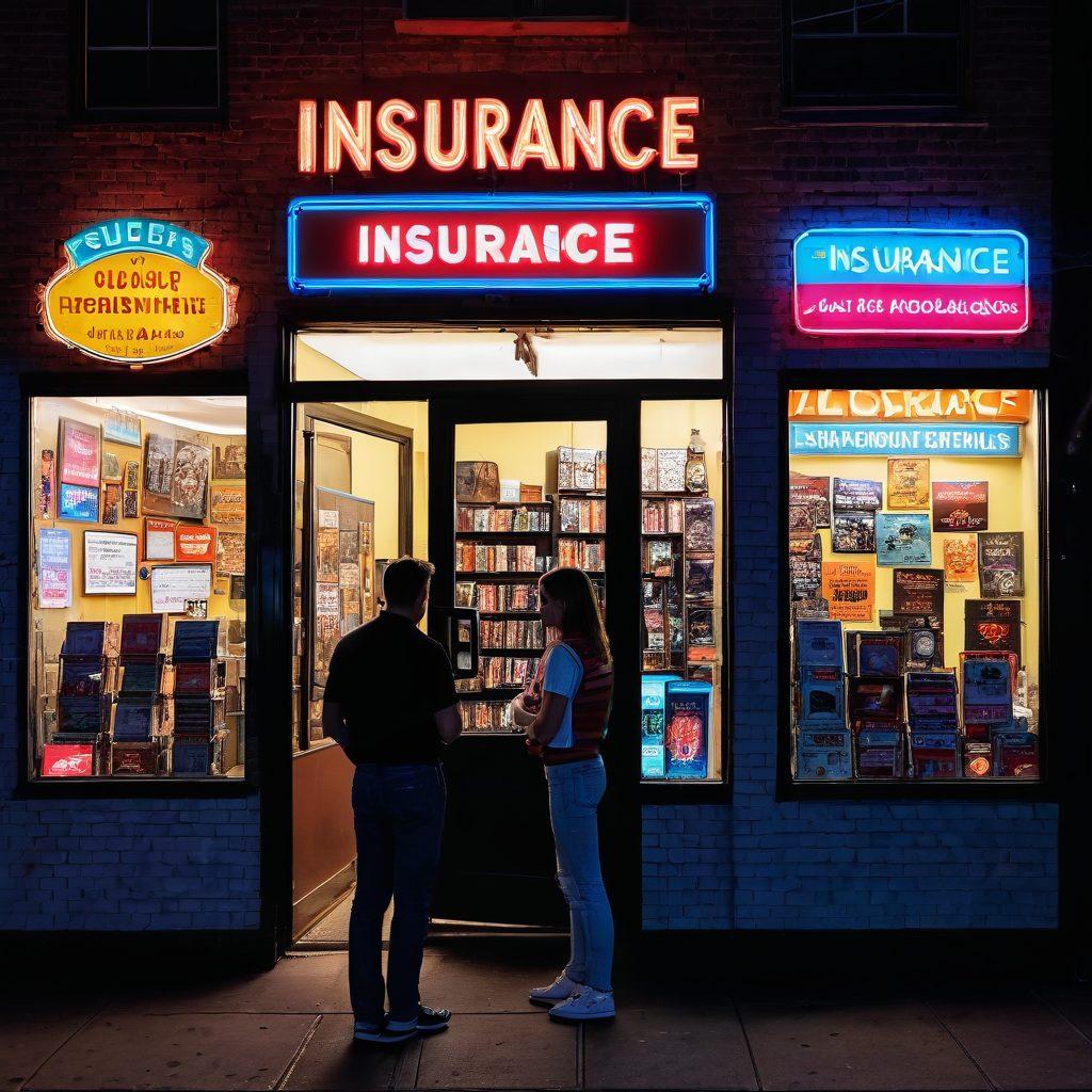 A bold and vibrant representation of a vintage video rental store with a colorful neon sign that reads 'Video Rentals' and images of adult entertainment DVDs prominently displayed. In the foreground, a person thoughtfully reviews a document labeled 'Insurance Policies' while surrounded by various insurance icons like shields and locks. The setting has a nostalgic yet lively atmosphere, with a mix of retro decor and bright, eye-catching colors. super-realistic. vibrant colors. cinematic lighting.