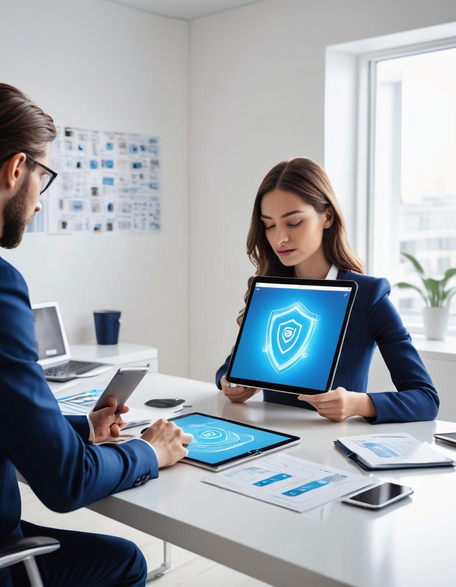 A visually engaging scene depicting a person sitting at a desk, examining a digital tablet displaying online video rentals, surrounded by symbols of security like locks and shields representing digital assets. In the background, include abstract representations of insurance policies such as paper documents and icons, surrounded by a glowing blue aura to symbolize protection in the digital world. The overall tone should be modern and sleek. super-realistic. vibrant colors. white background.